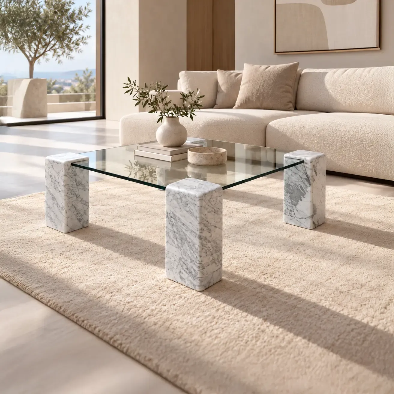طاولة رخامية بسطح زجاجي | Marble Table Glass Top